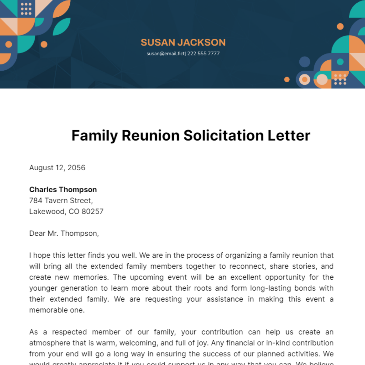 Free Family Reunion Solicitation Letter Template
