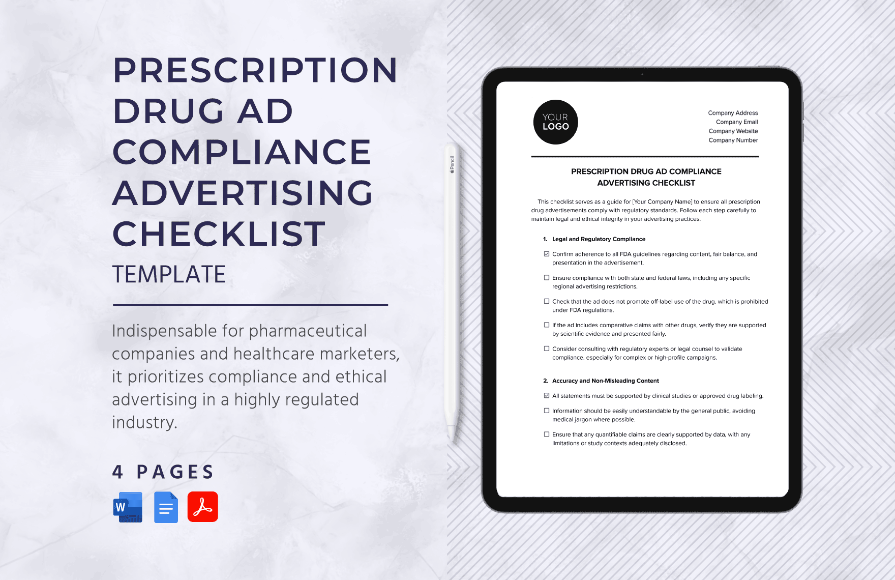 Prescription Drug Ad Compliance Advertising Checklist Template in Word, Google Docs, PDF