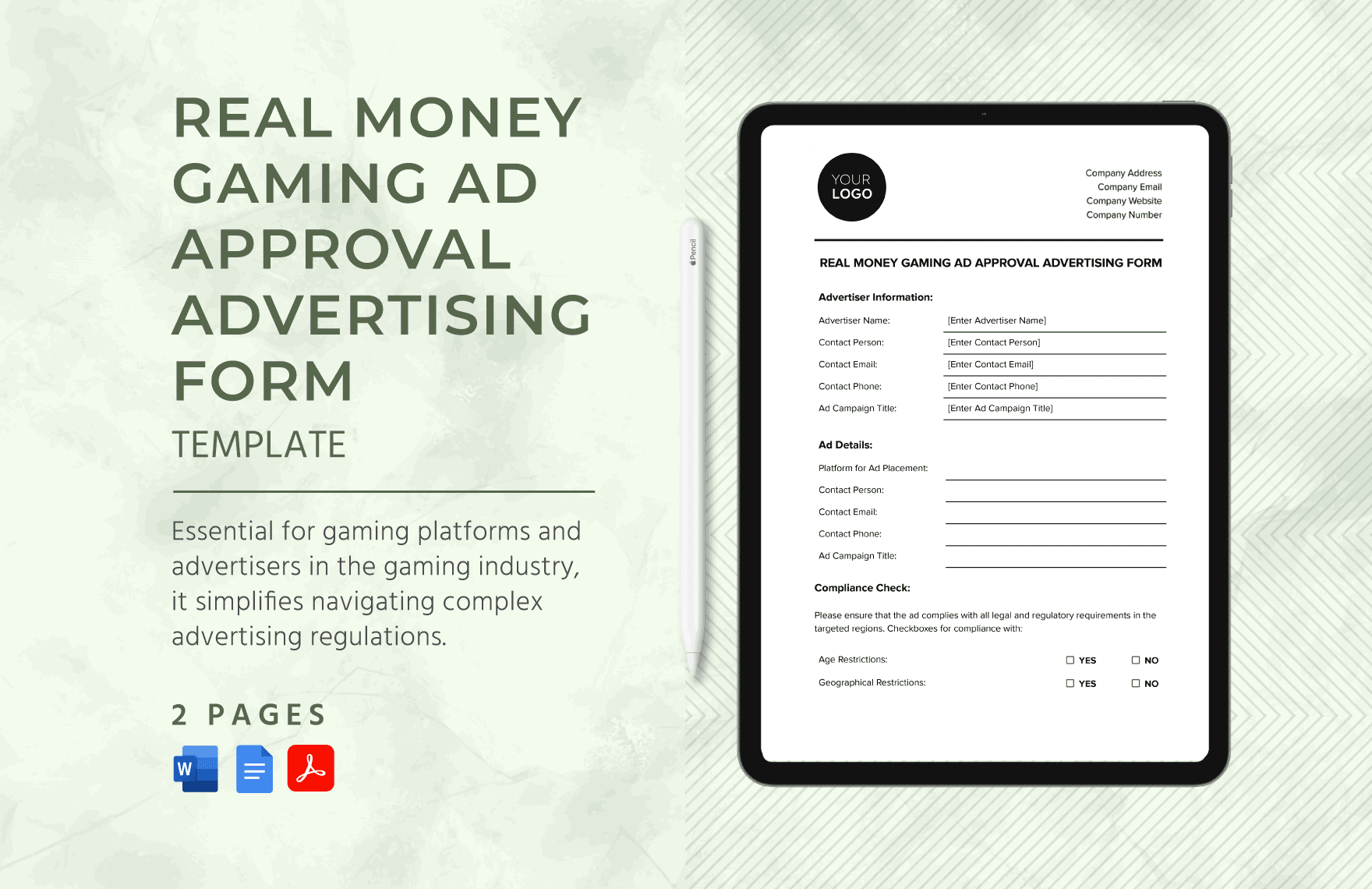 Real Money Gaming Ad Approval Advertising Form Template in Word, Google Docs, PDF