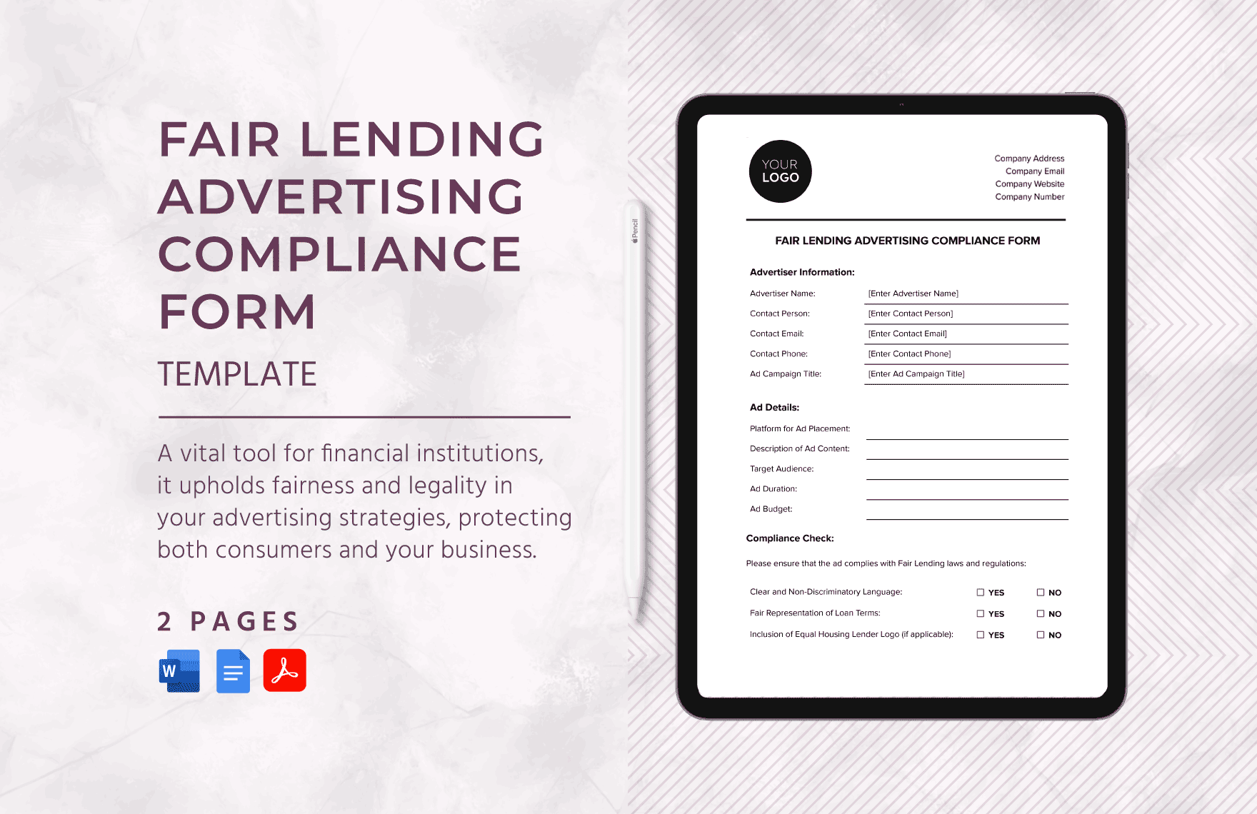 Fair Lending Advertising Compliance Form Template in Word, Google Docs, PDF