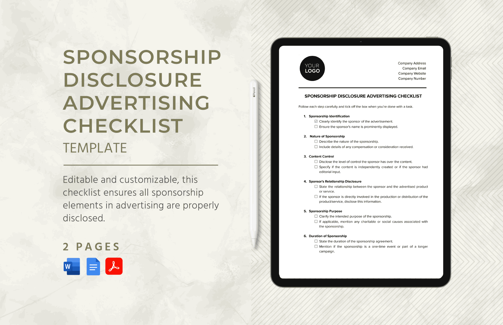 Sponsorship Disclosure Advertising Checklist Template in Word, Google Docs, PDF
