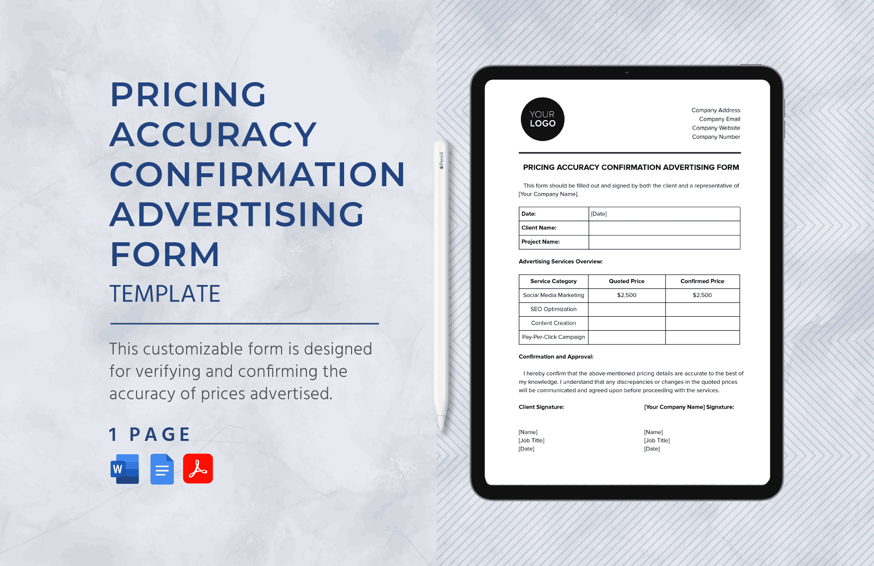 Pricing Accuracy Confirmation Advertising Form Template in Word, Google Docs, PDF