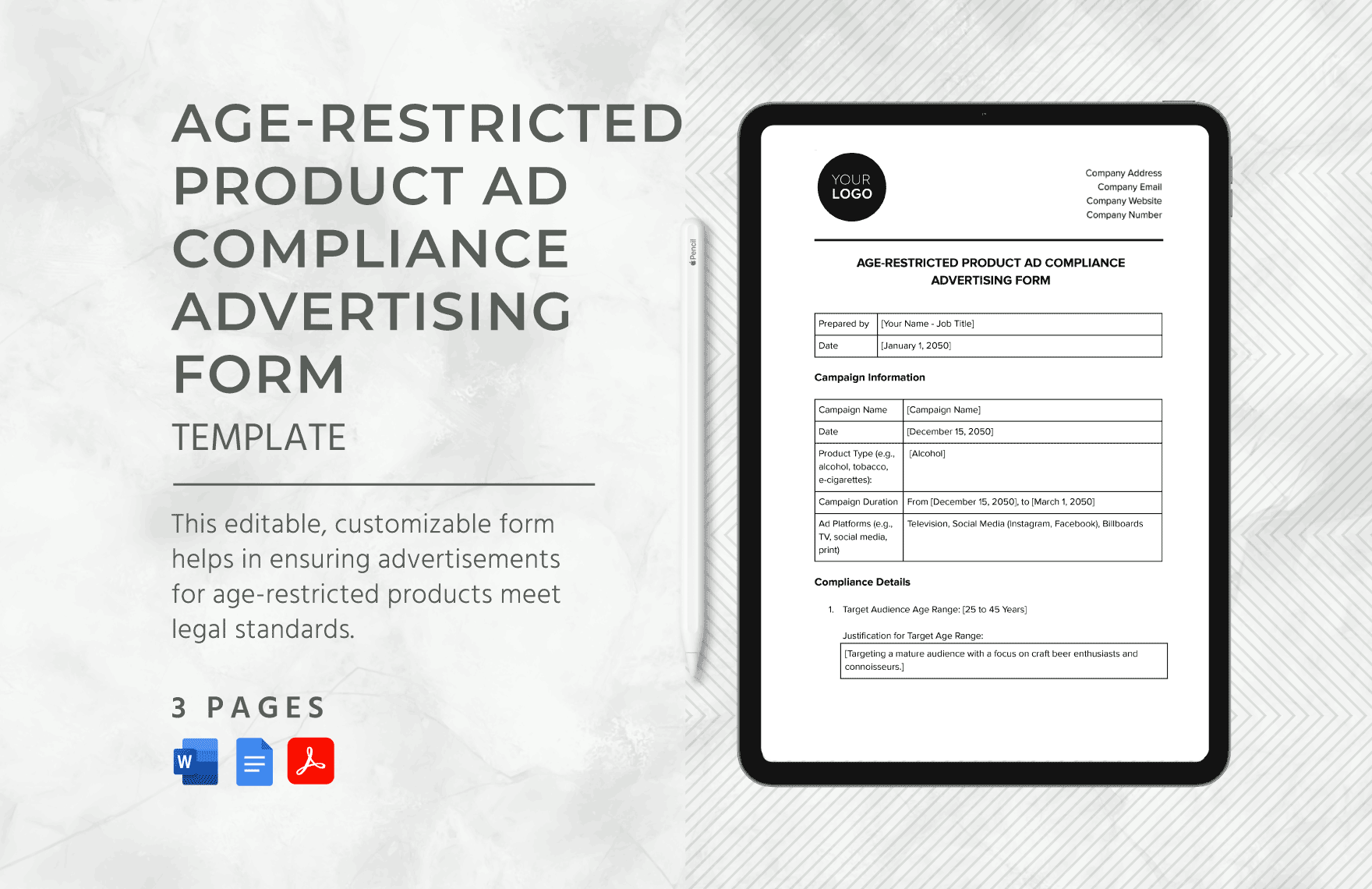 Age-Restricted Product Ad Compliance Advertising Form Template in Word, Google Docs, PDF