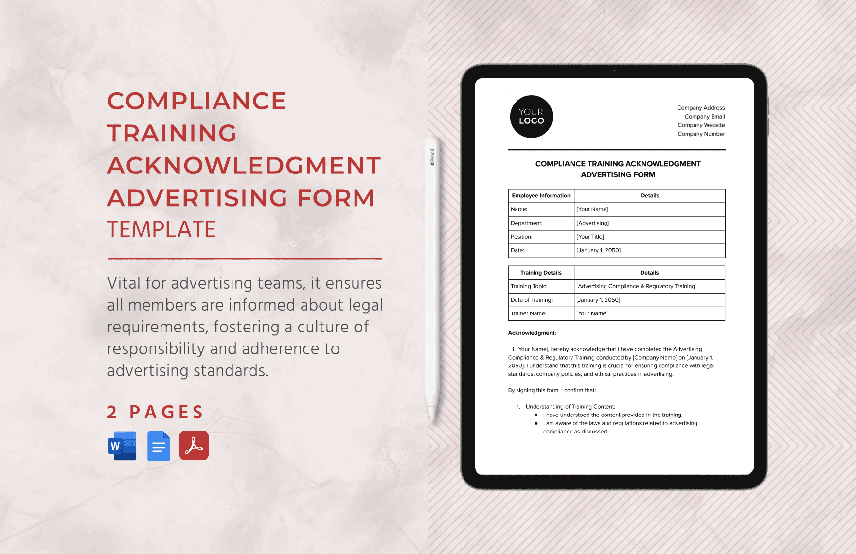 Compliance Training Acknowledgment Advertising Form Template