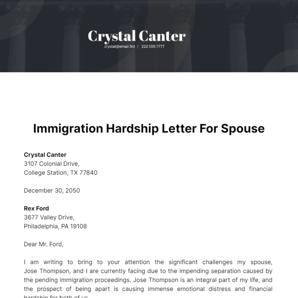 Free Immigration Hardship Letter for Spouse Template