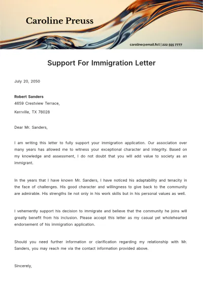 Free Support for Immigration Letter Template to Edit Online