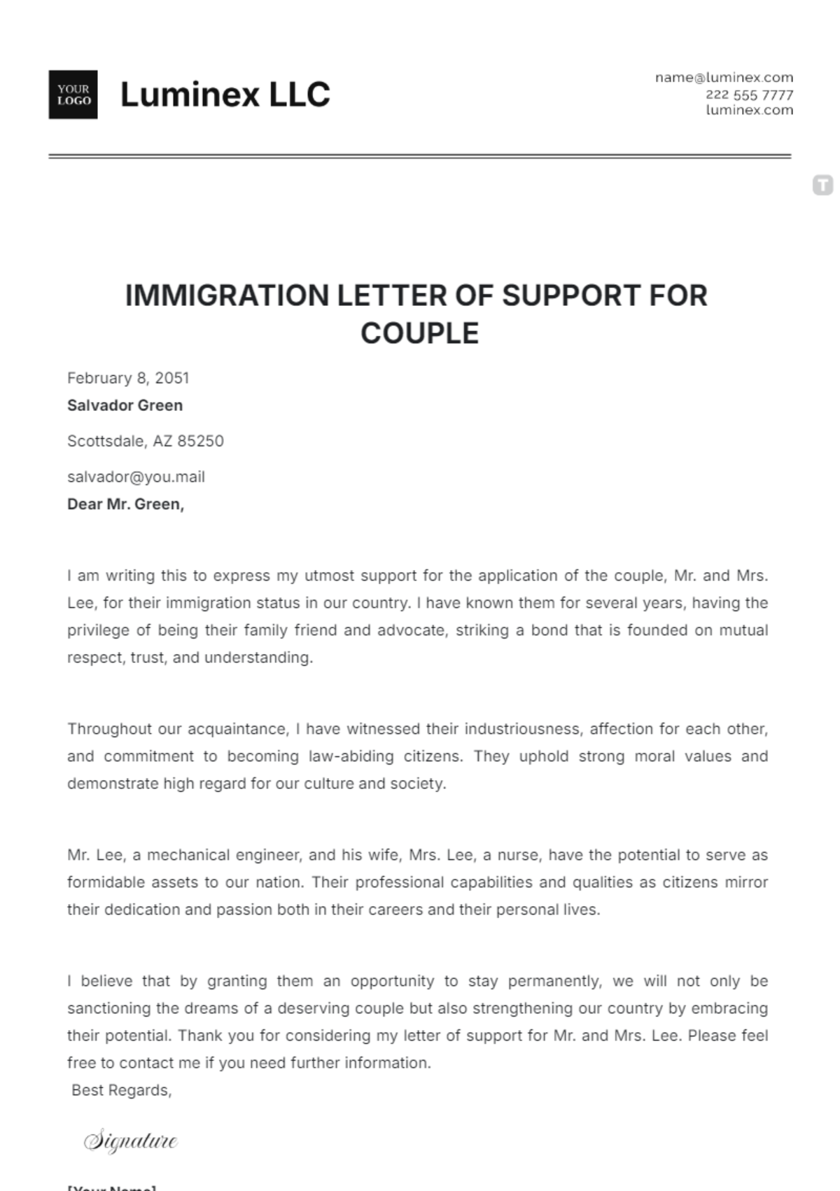 Immigration Letter of Support for Couple Template