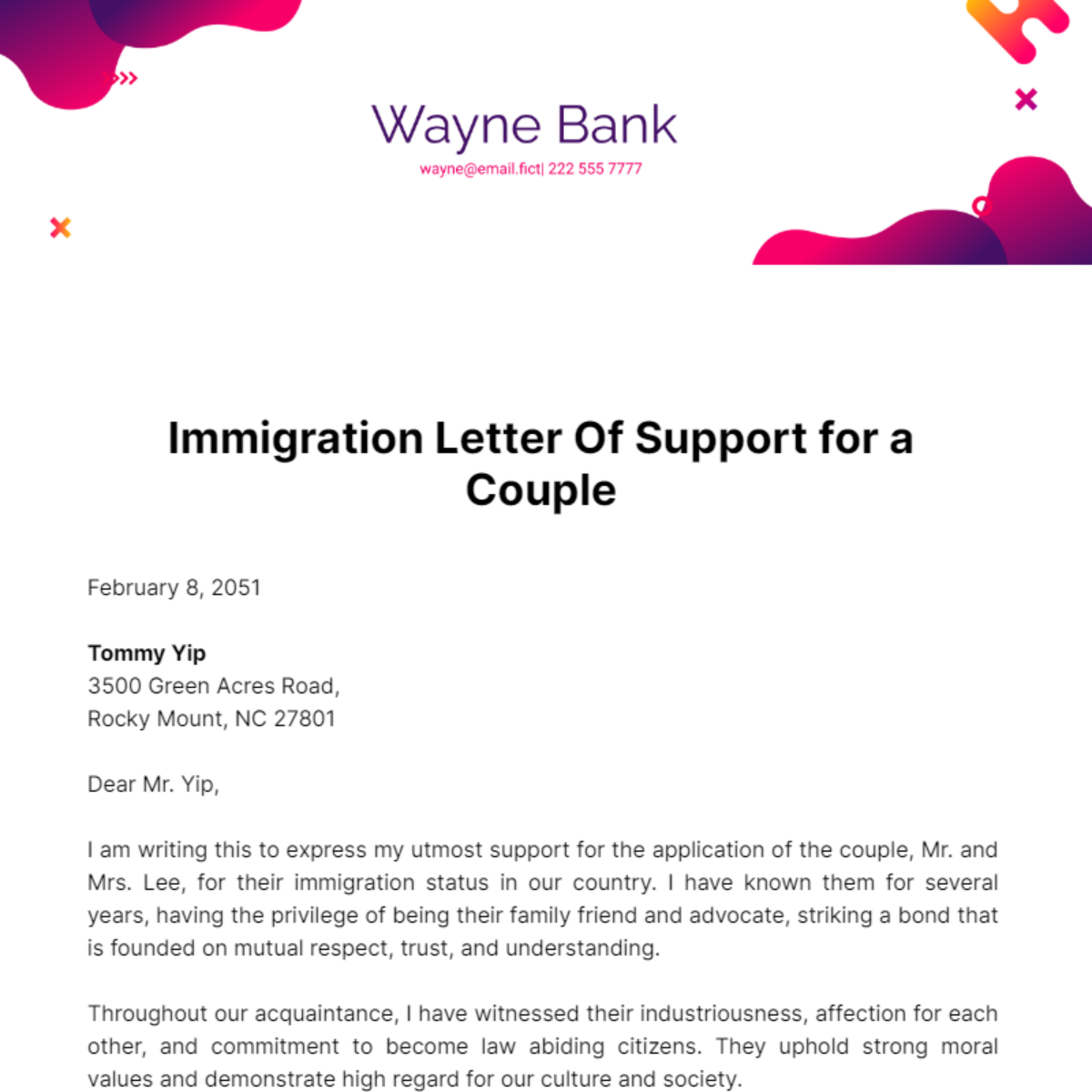 Immigration Letter of Support for a Couple Template