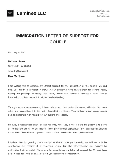 Free Immigration Letter of Support for Couple Template to Edit Online