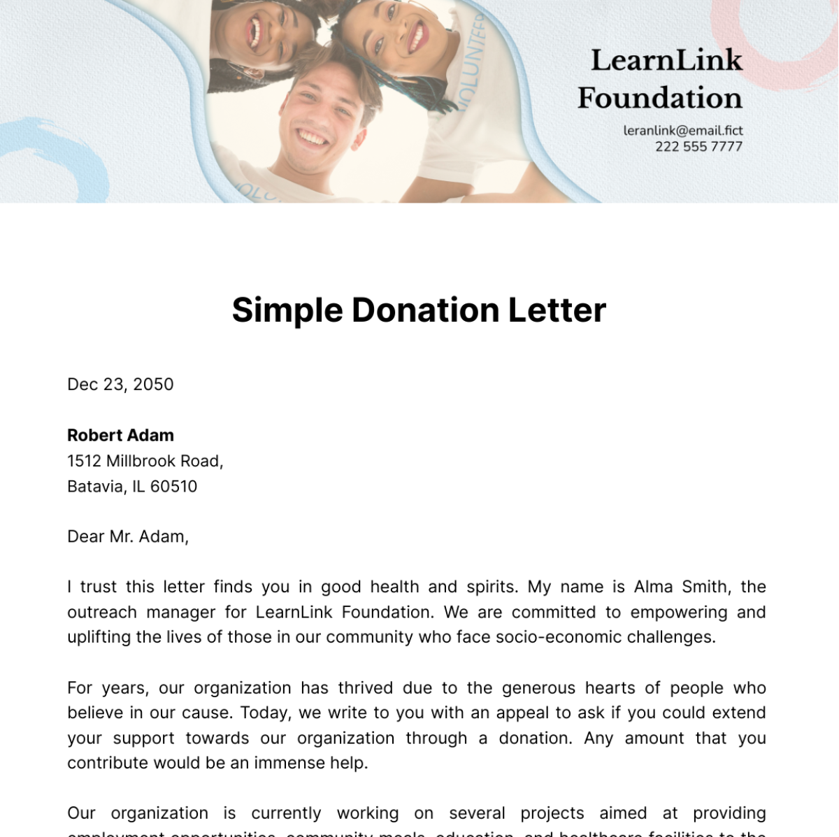 Free Simple Donation Letter Template