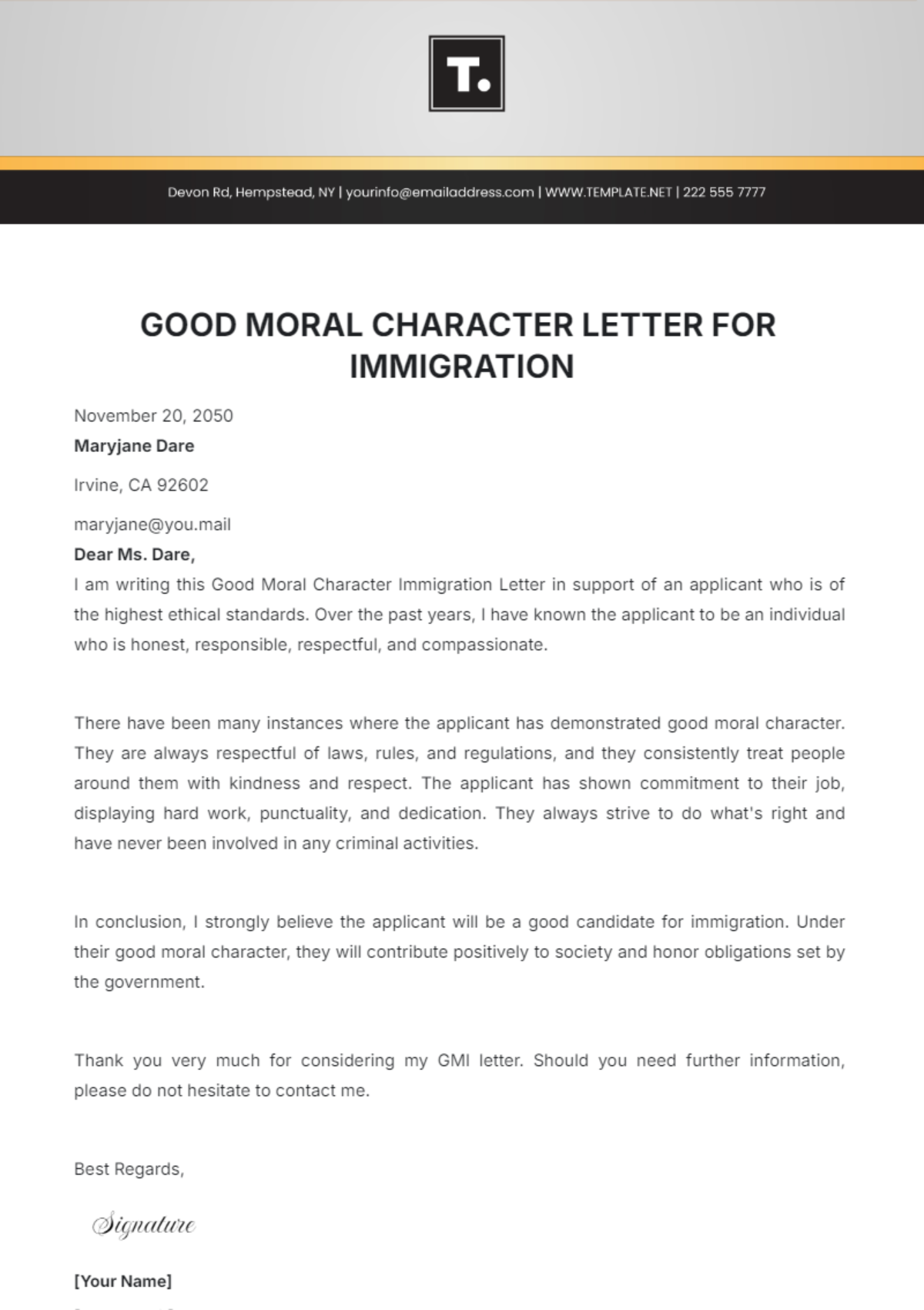 Free Good Moral Character Letter for Immigration Template