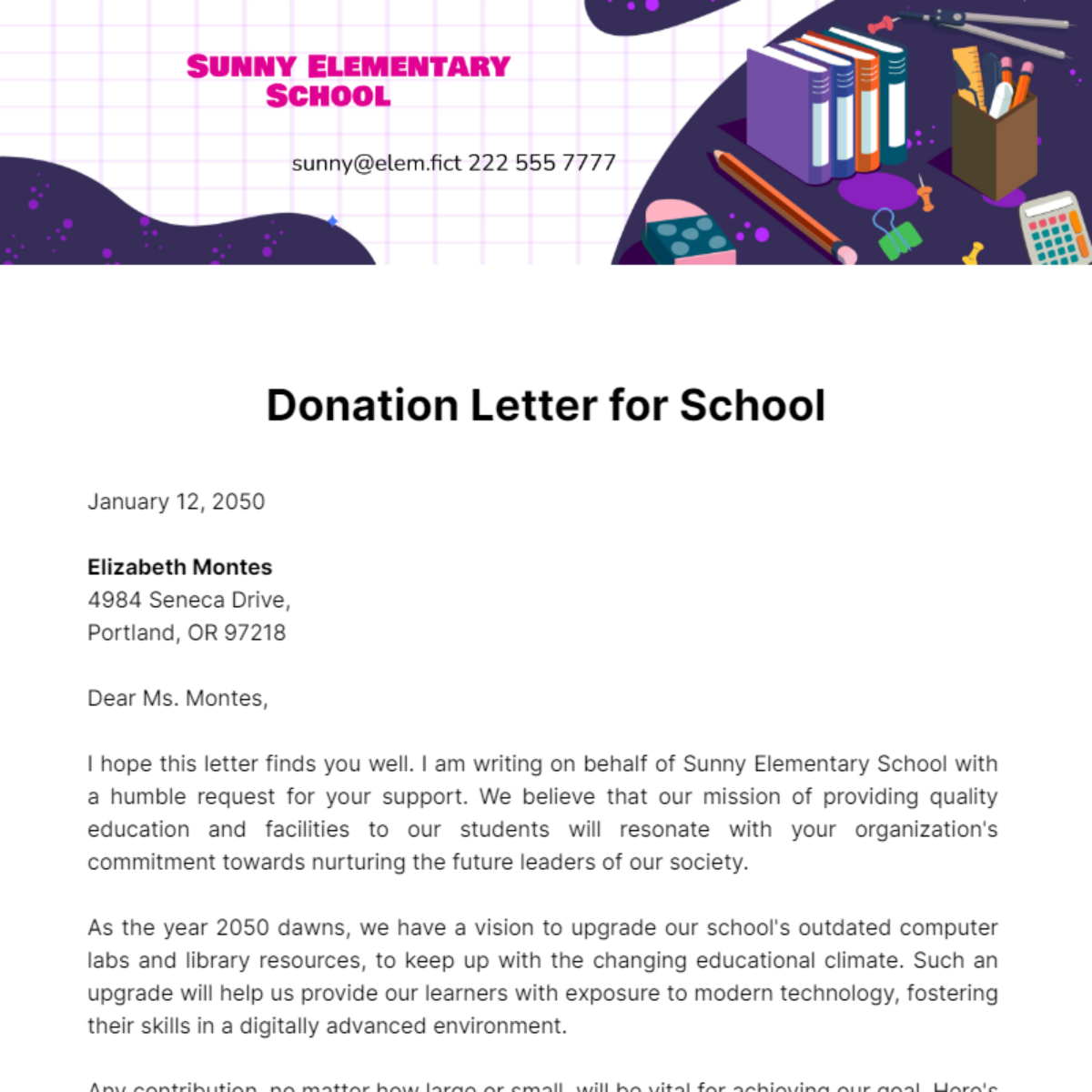 Free Donation Letter for School Template