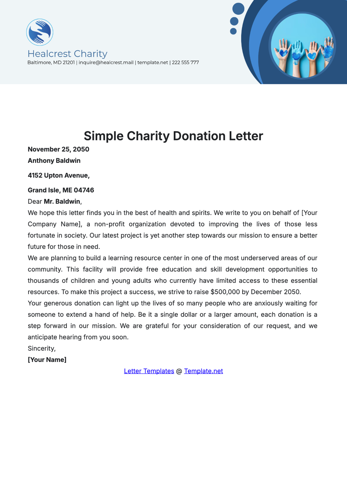 Free Simple Charity Donation Letter Template