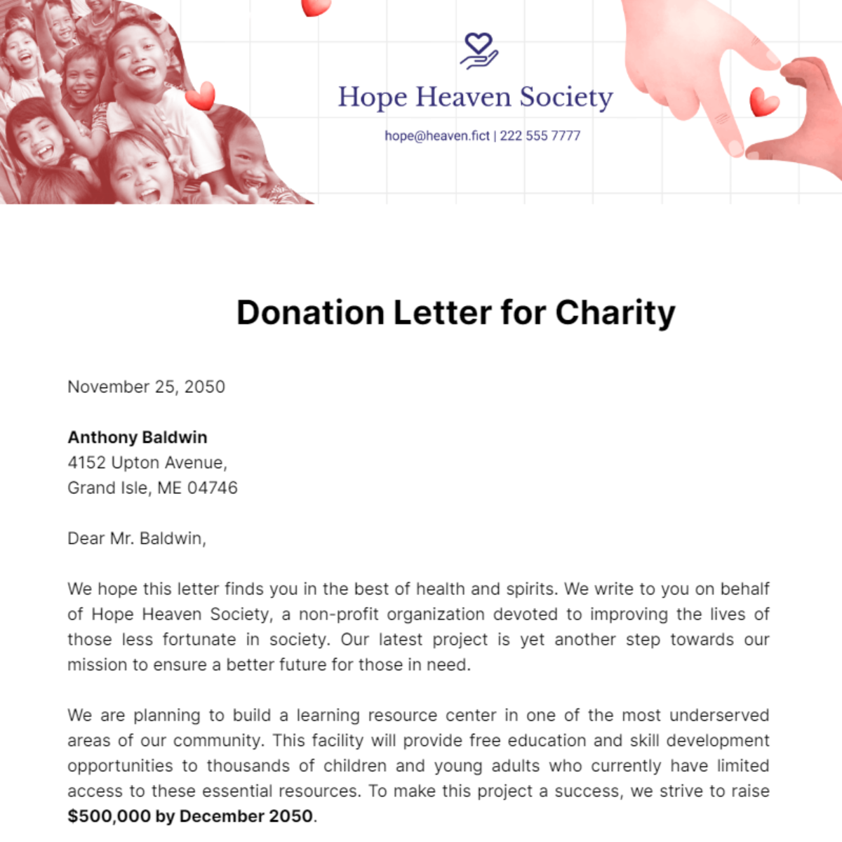 Free Donation Letter for Charity Template