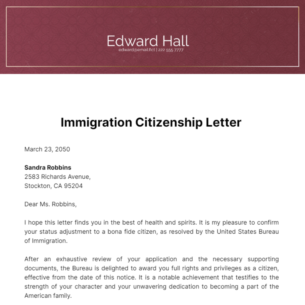 Immigration Citizenship Letter Template