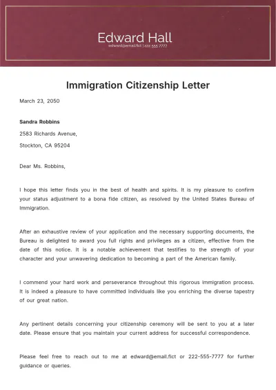 Free Immigration Citizenship Letter Template to Edit Online
