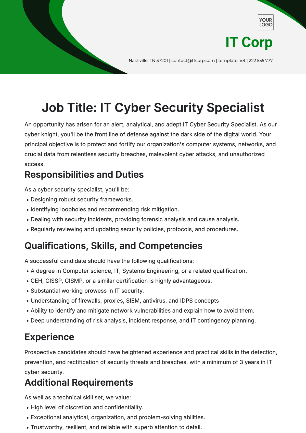 IT Cyber Security Job Description Template