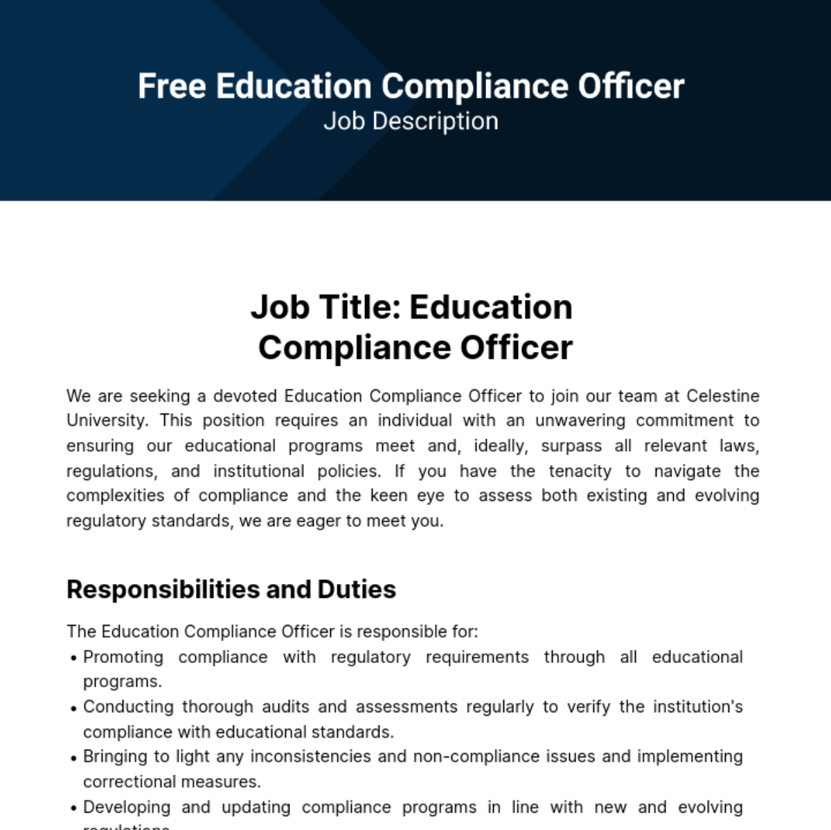 Free Education Compliance Officer Job Description Template