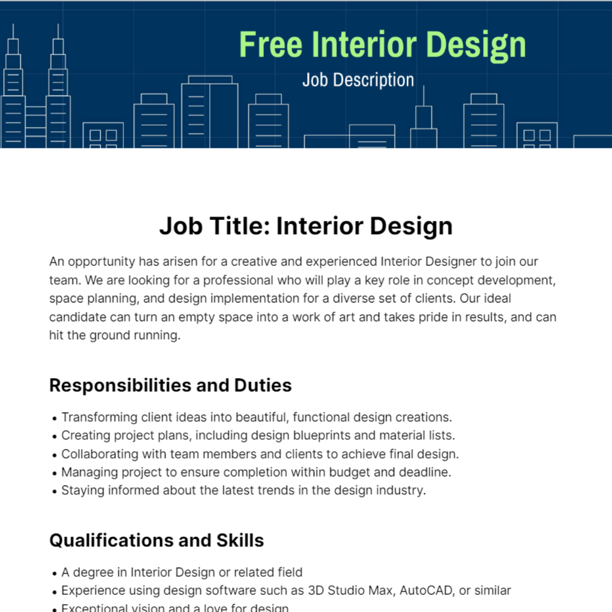 Free Interior Design Job Description Template