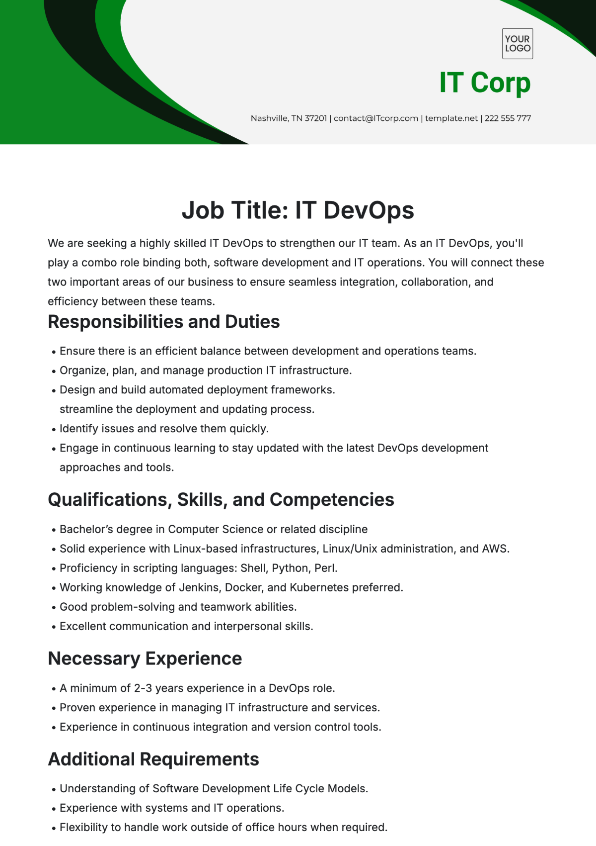 IT Devops Job Description Template - Edit Online & Download