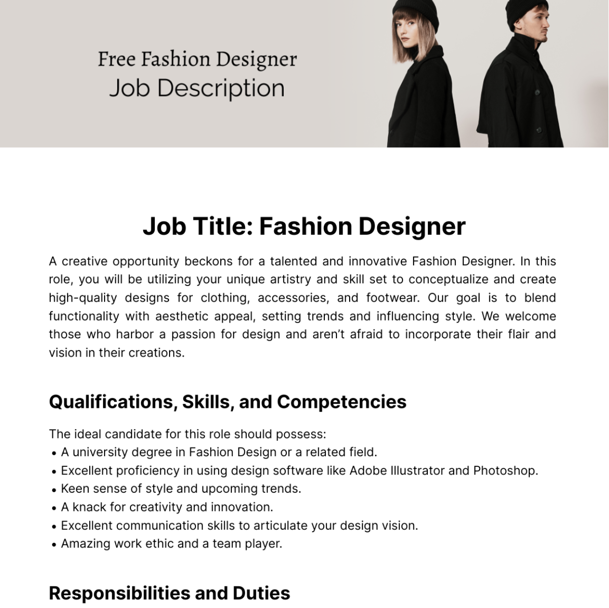 Free Fashion Designer Job Description Template