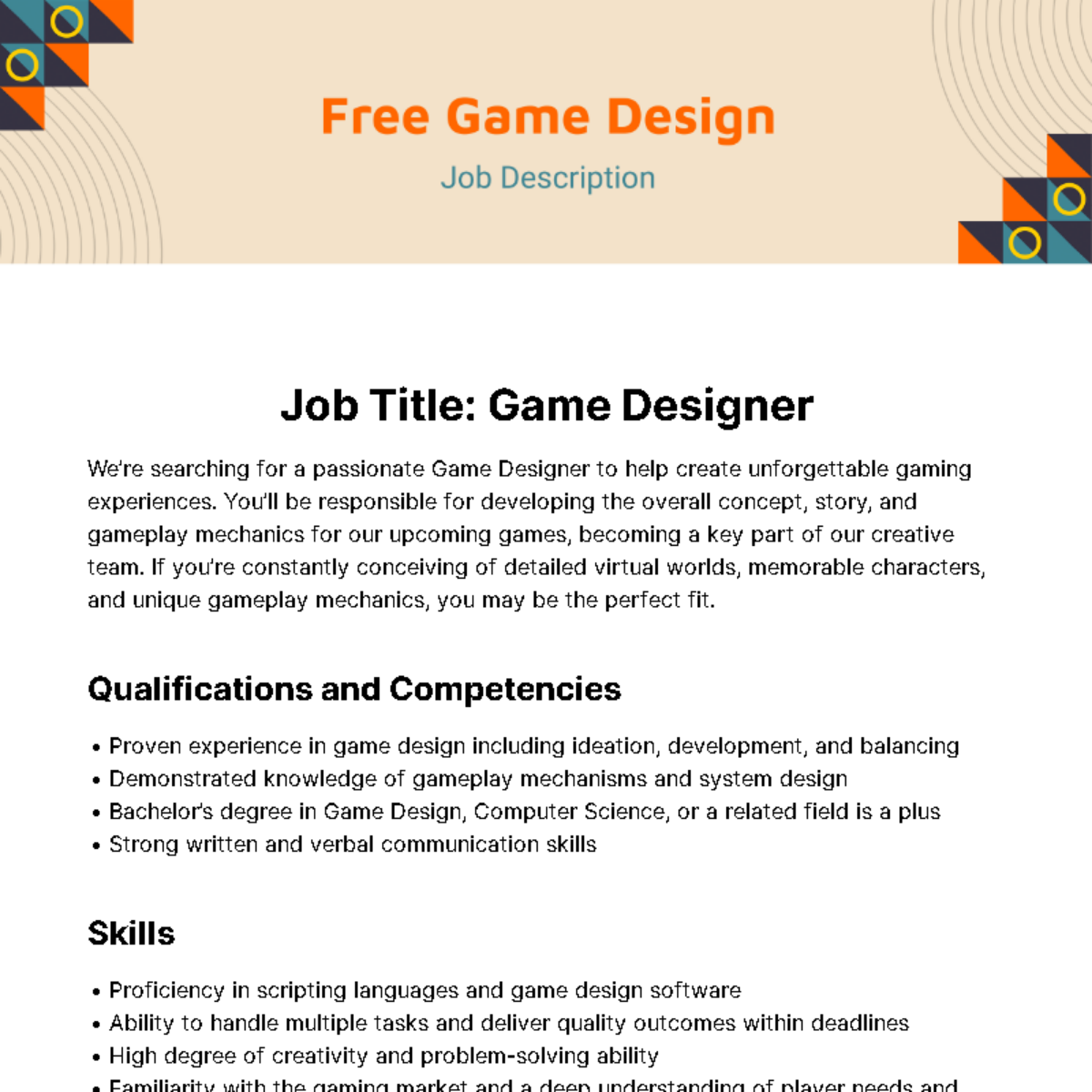 Game Design Job Description Template