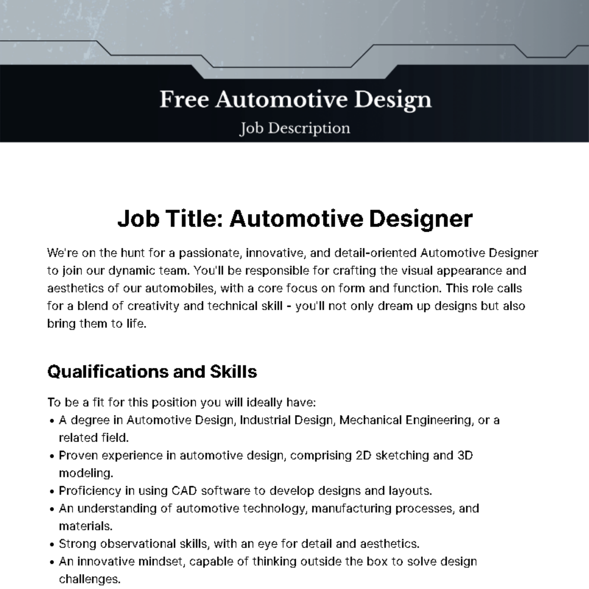 Automotive Design Job Description Template