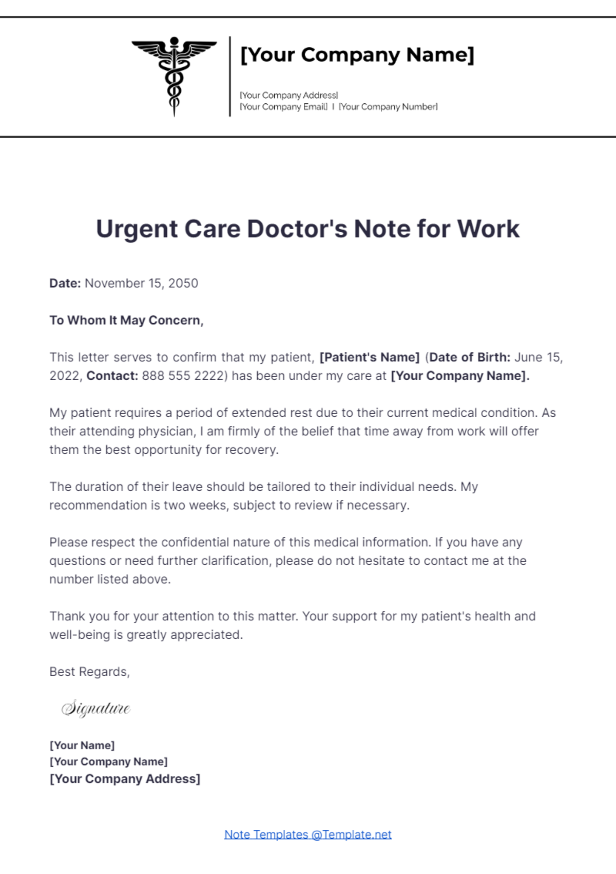 Free Urgent Care Doctor's Note For Work Template