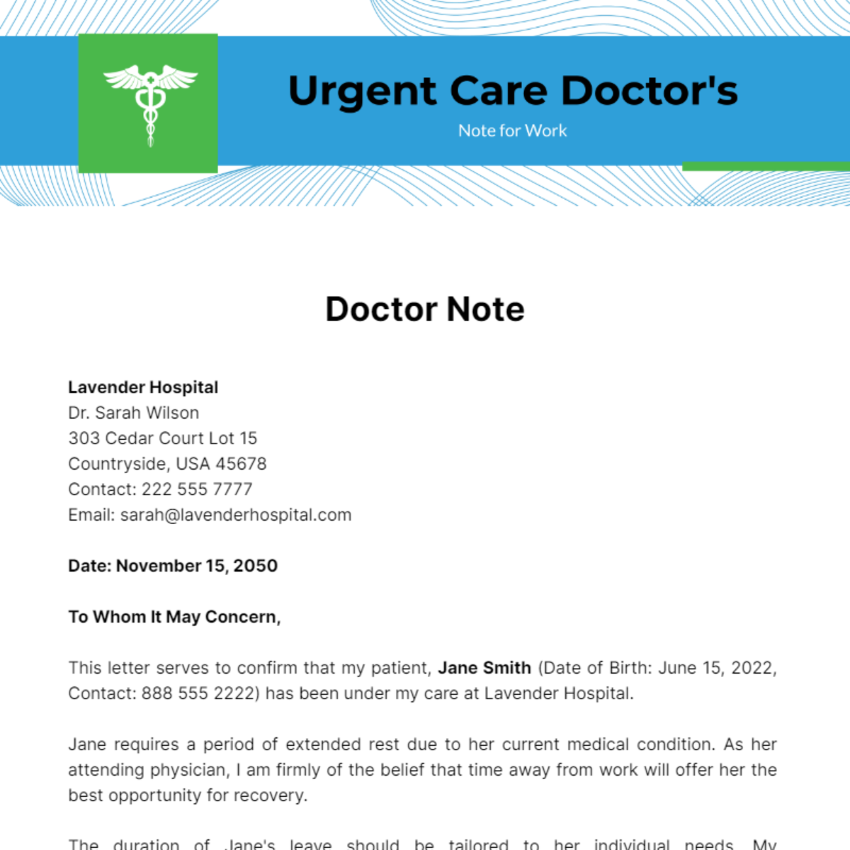 Urgent Care Doctor's Note For Work Template