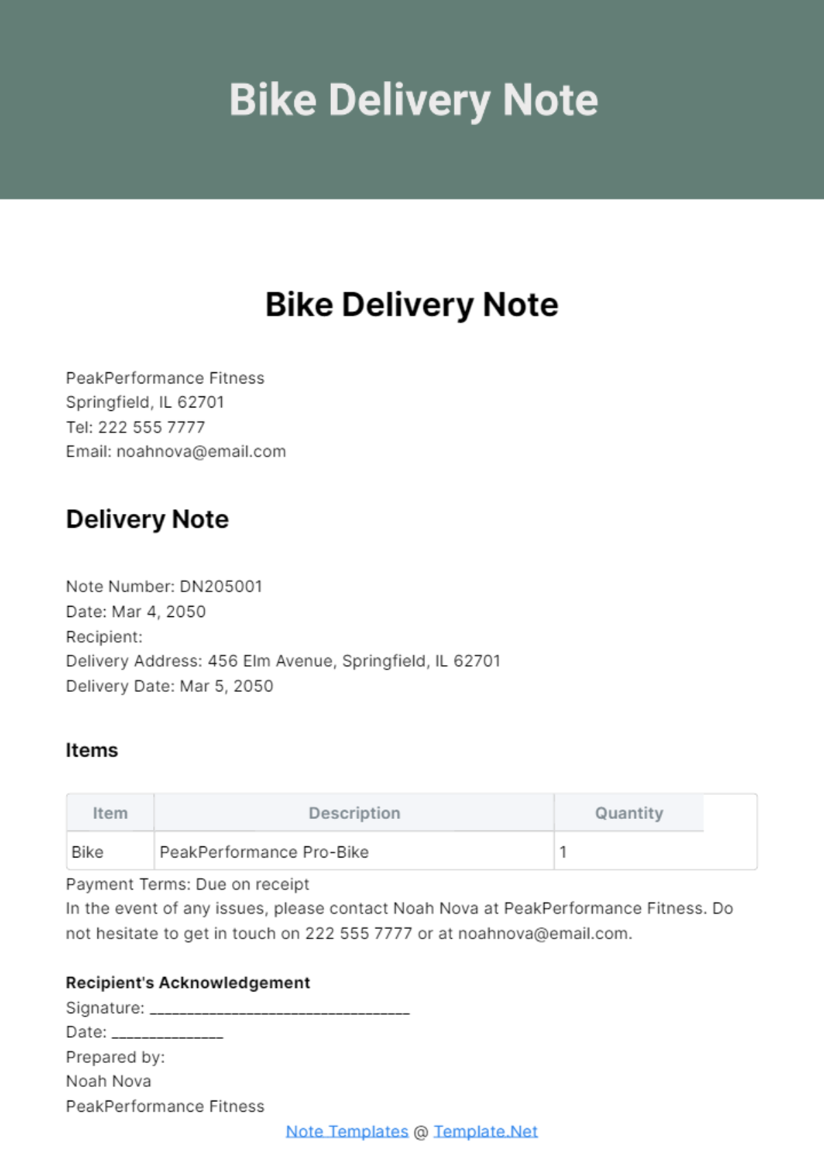 Bike Delivery Note Template - Edit Online & Download