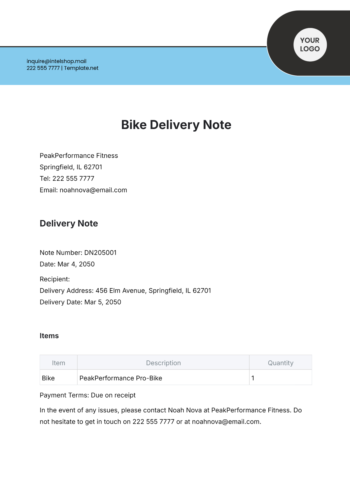 Free Bike Delivery Note Template