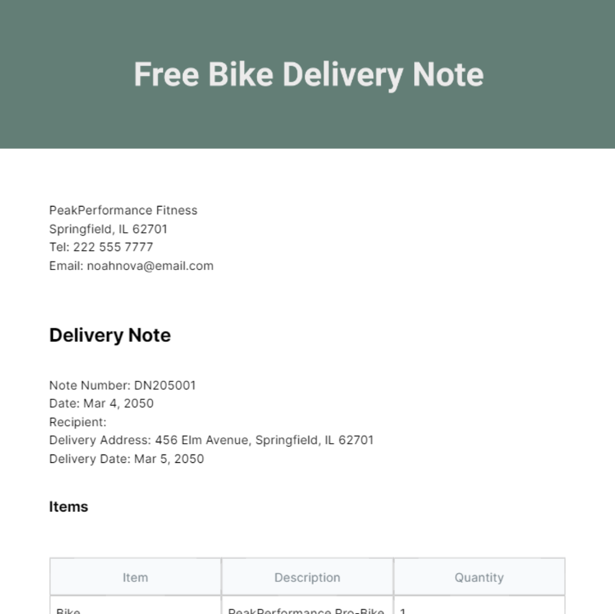 Free Bike Delivery Note Template