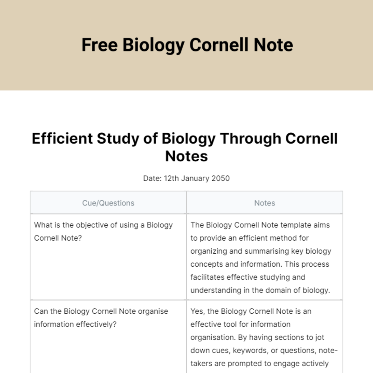Biology Cornell Note Template