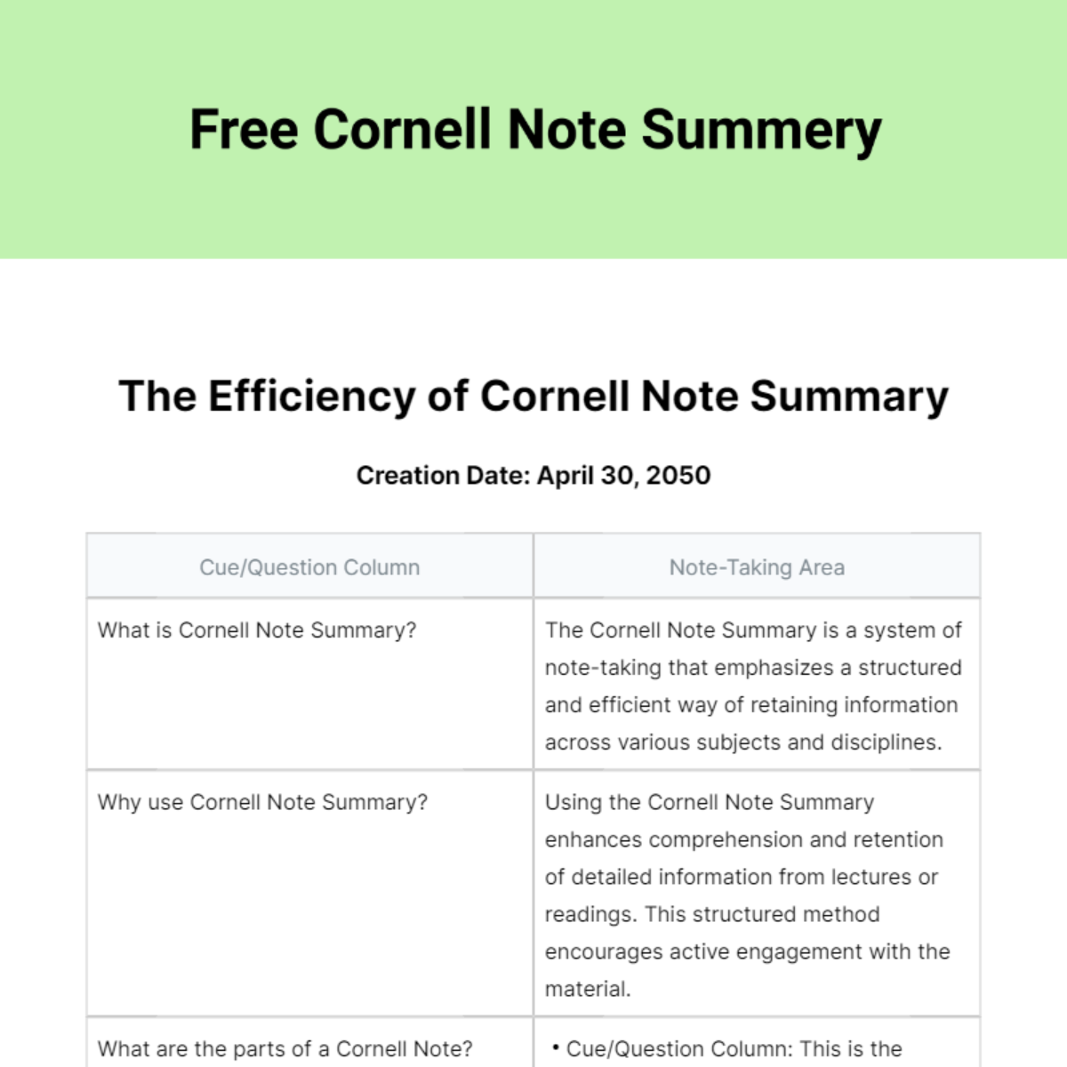 Cornell Note Summery Template