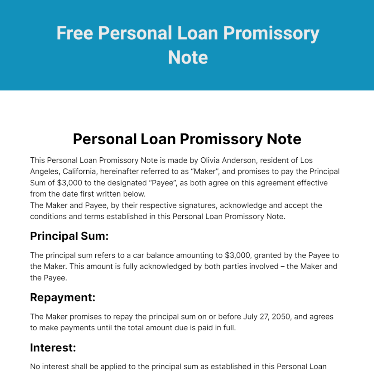 Personal Loan Promissory Note Template