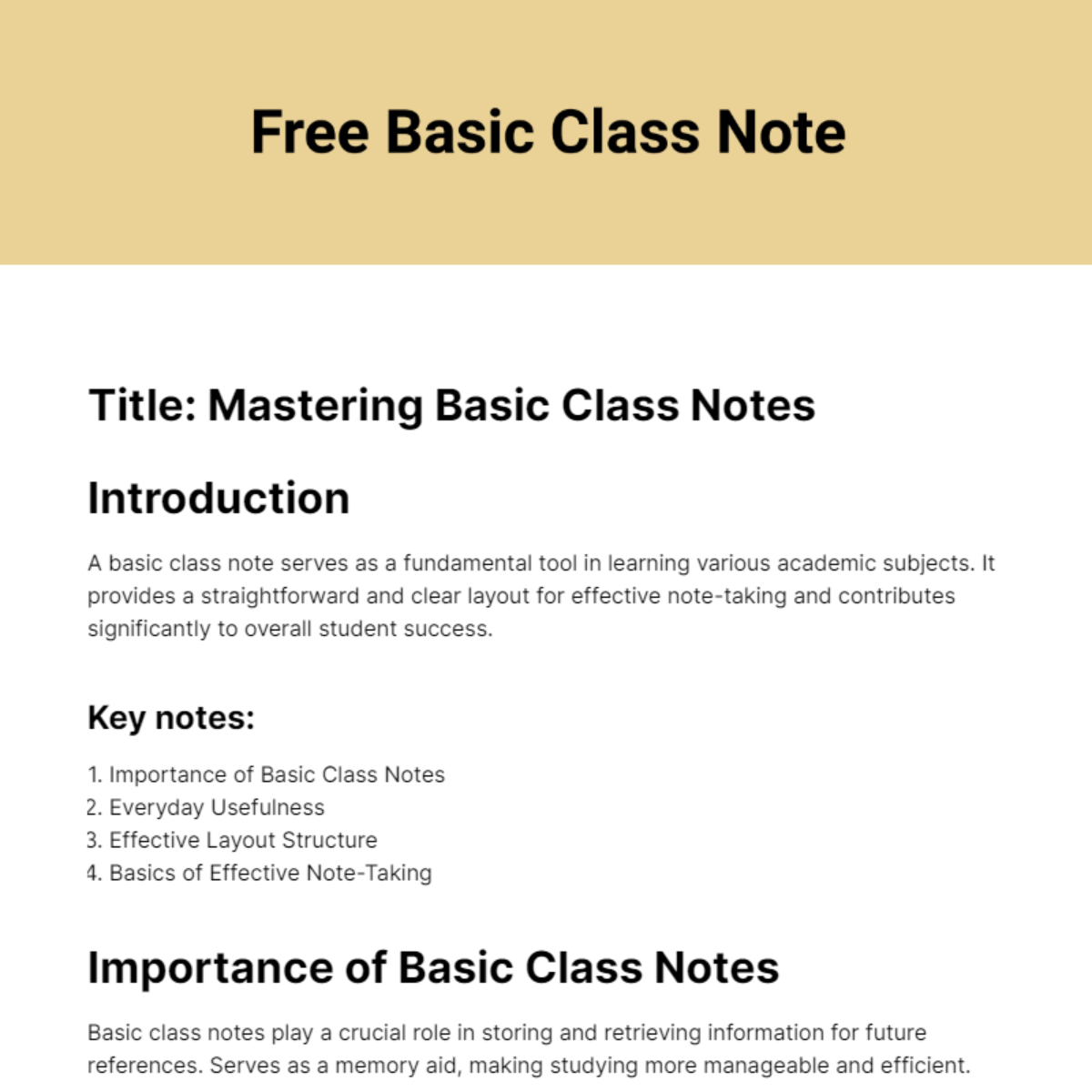 Basic Class Note Template