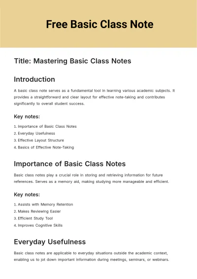 Free Basic Class Note Template to Edit Online