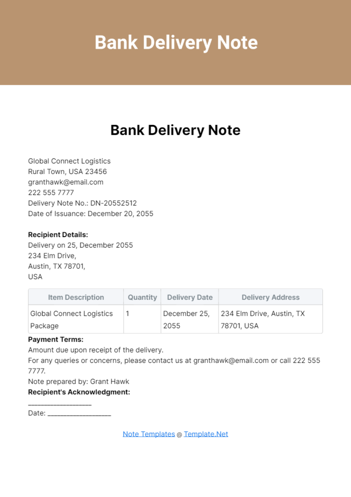 Bank Delivery Note Template - Edit Online & Download