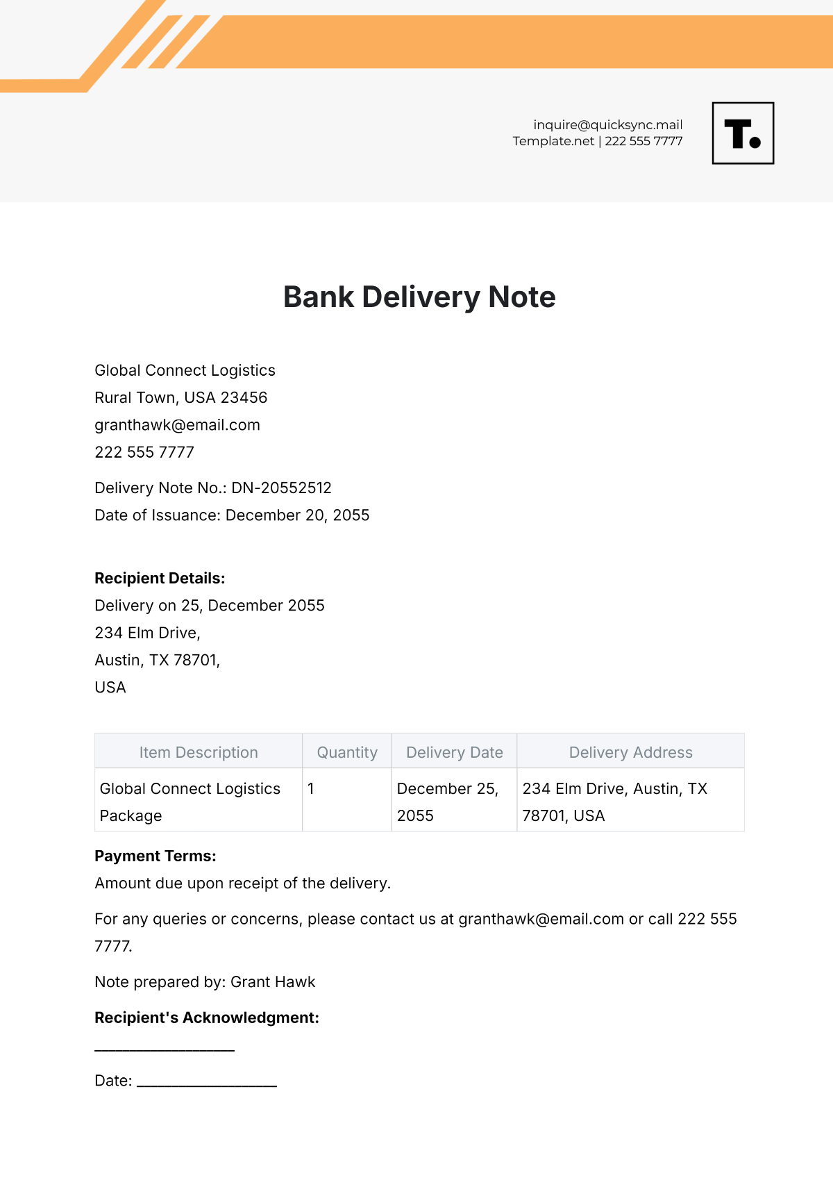 Free Bank Delivery Note Template