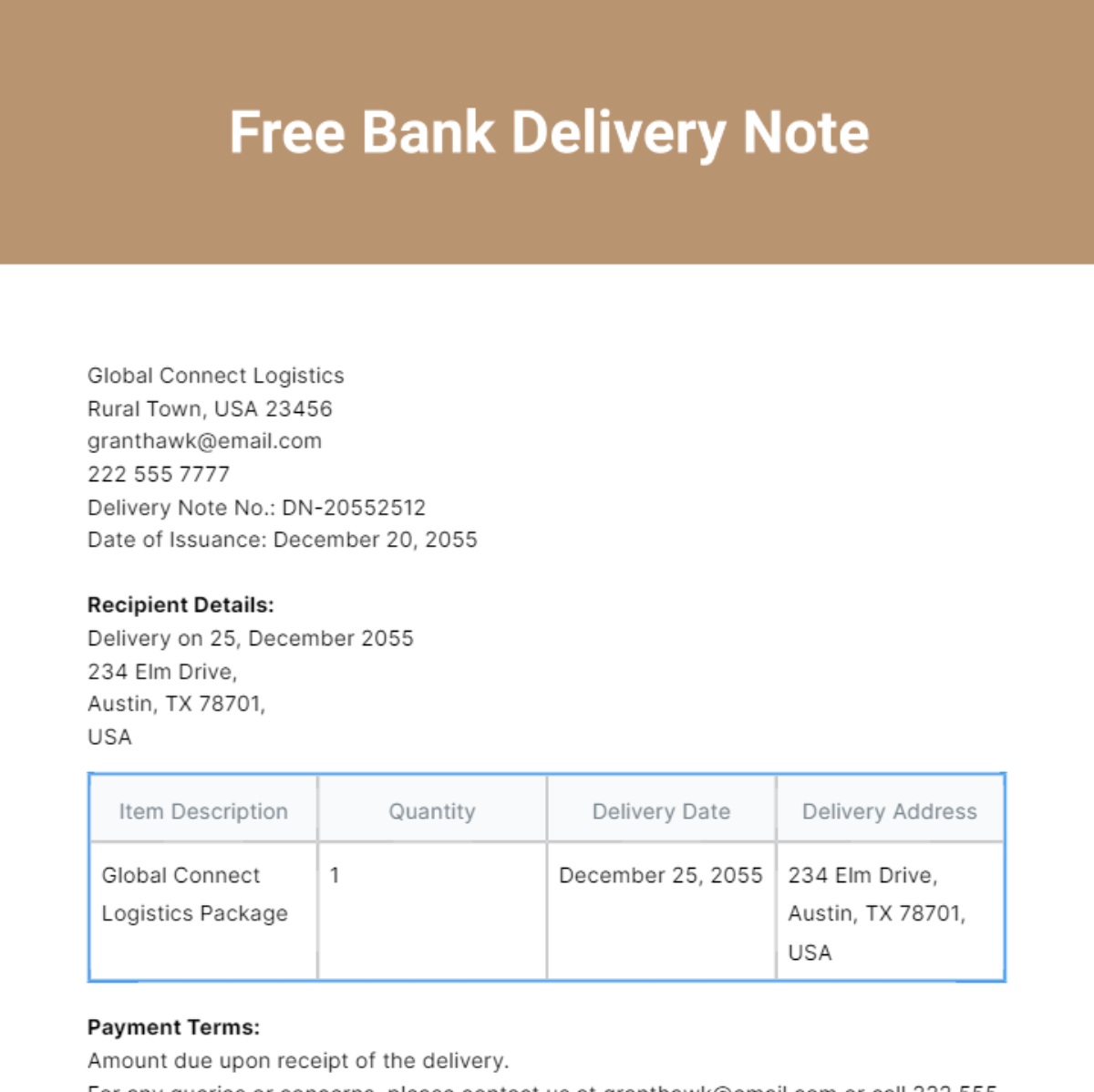 Free Bank Delivery Note Template