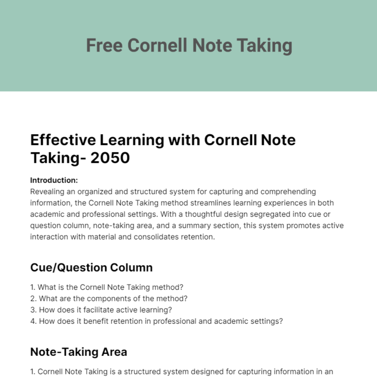 Cornell Note Taking Template