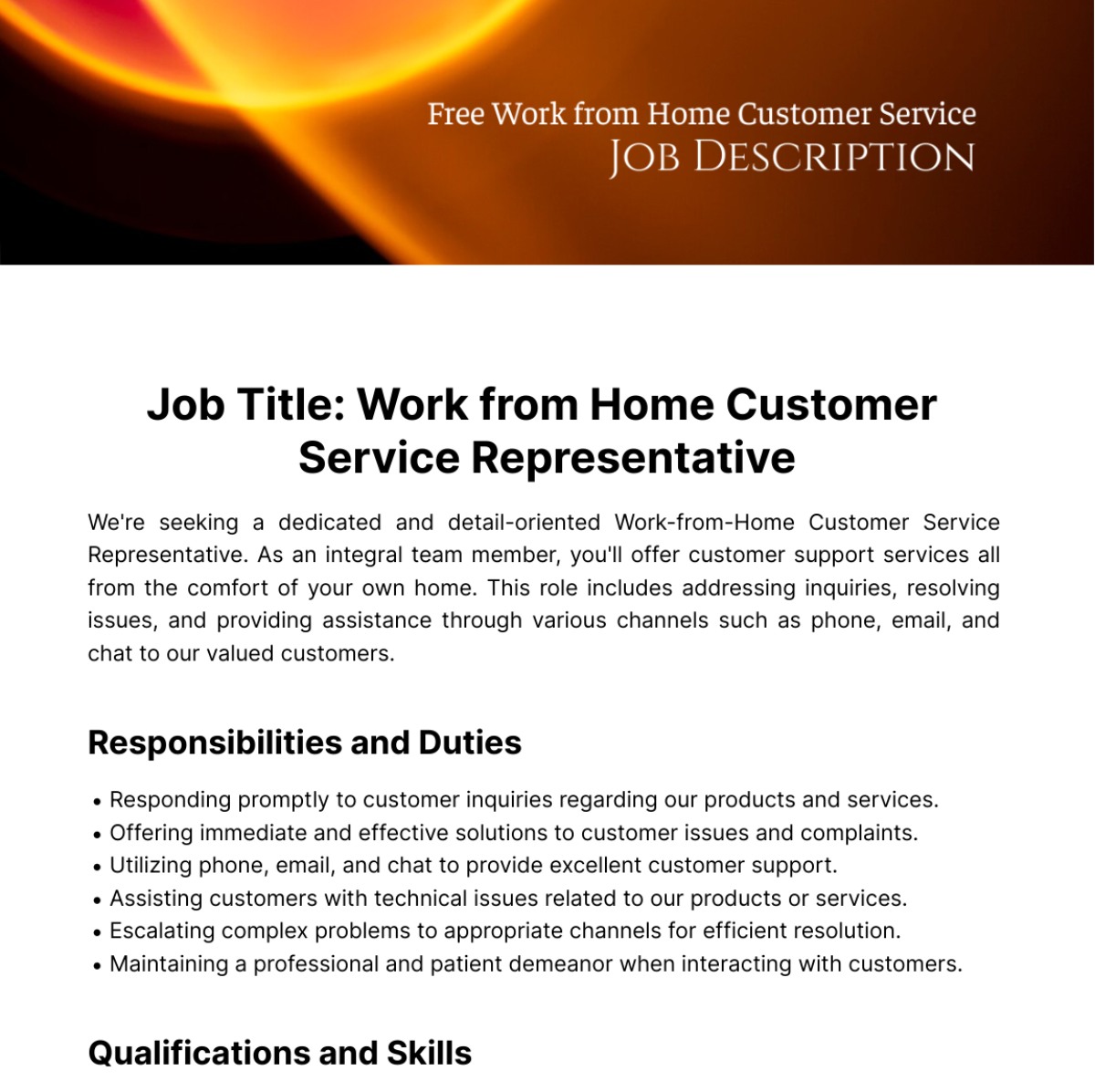 Free Work from Home Customer Service Job Description Template