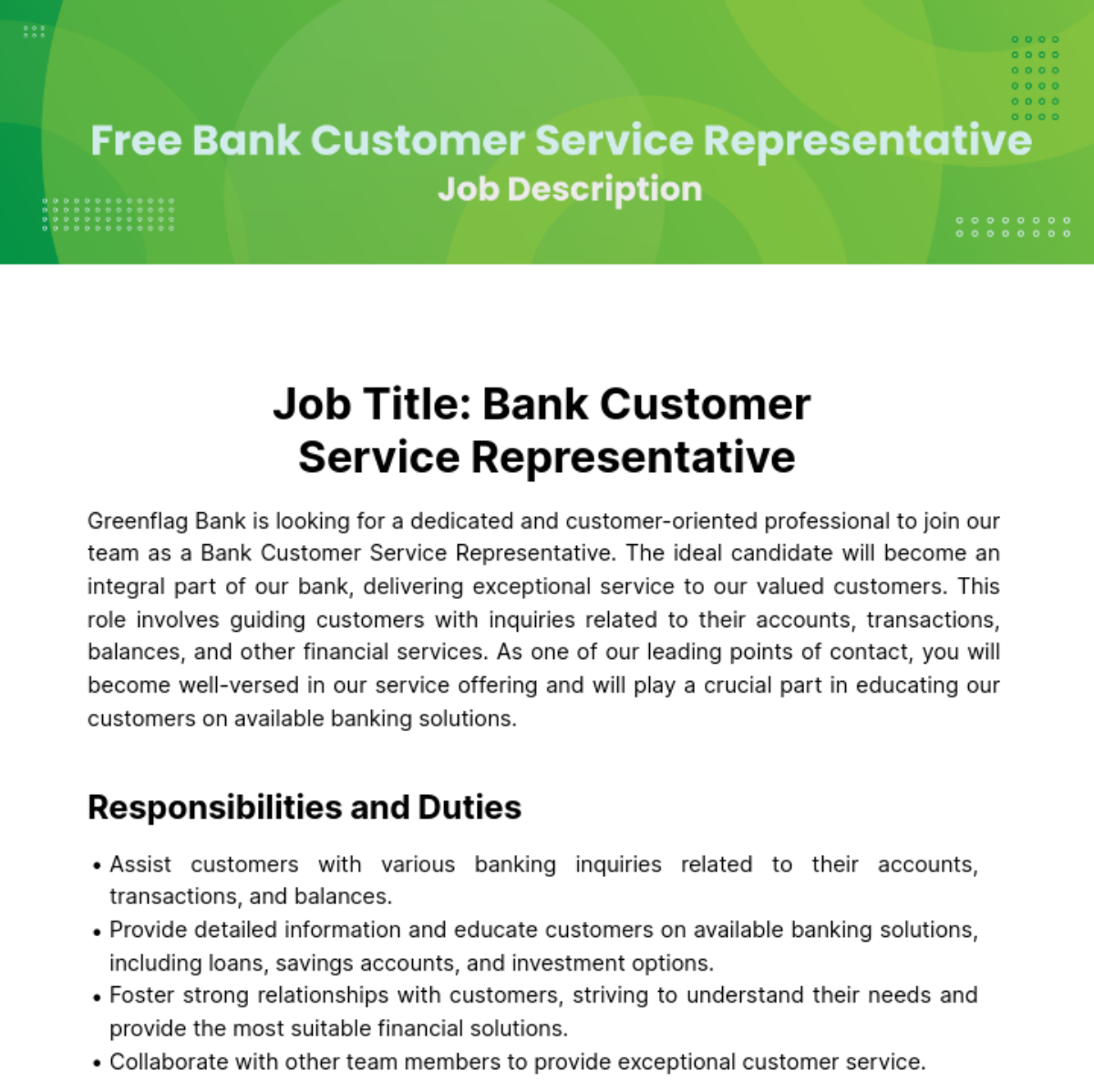 Bank Customer Service Job Description Template