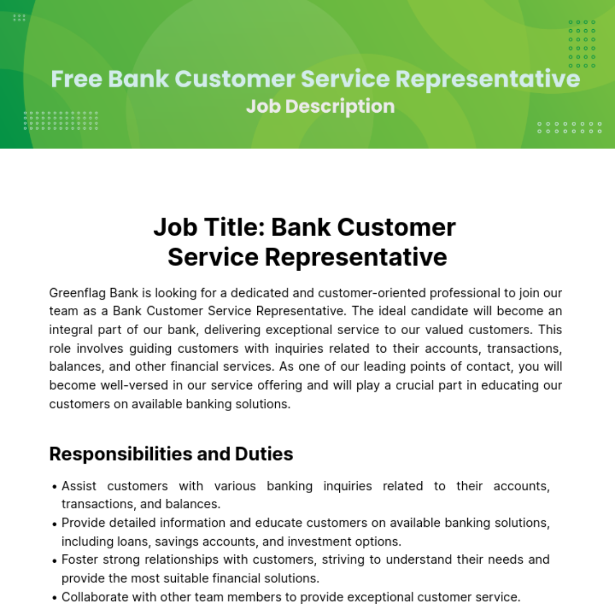 Bank Customer Service Job Description Template Edit Online Download 