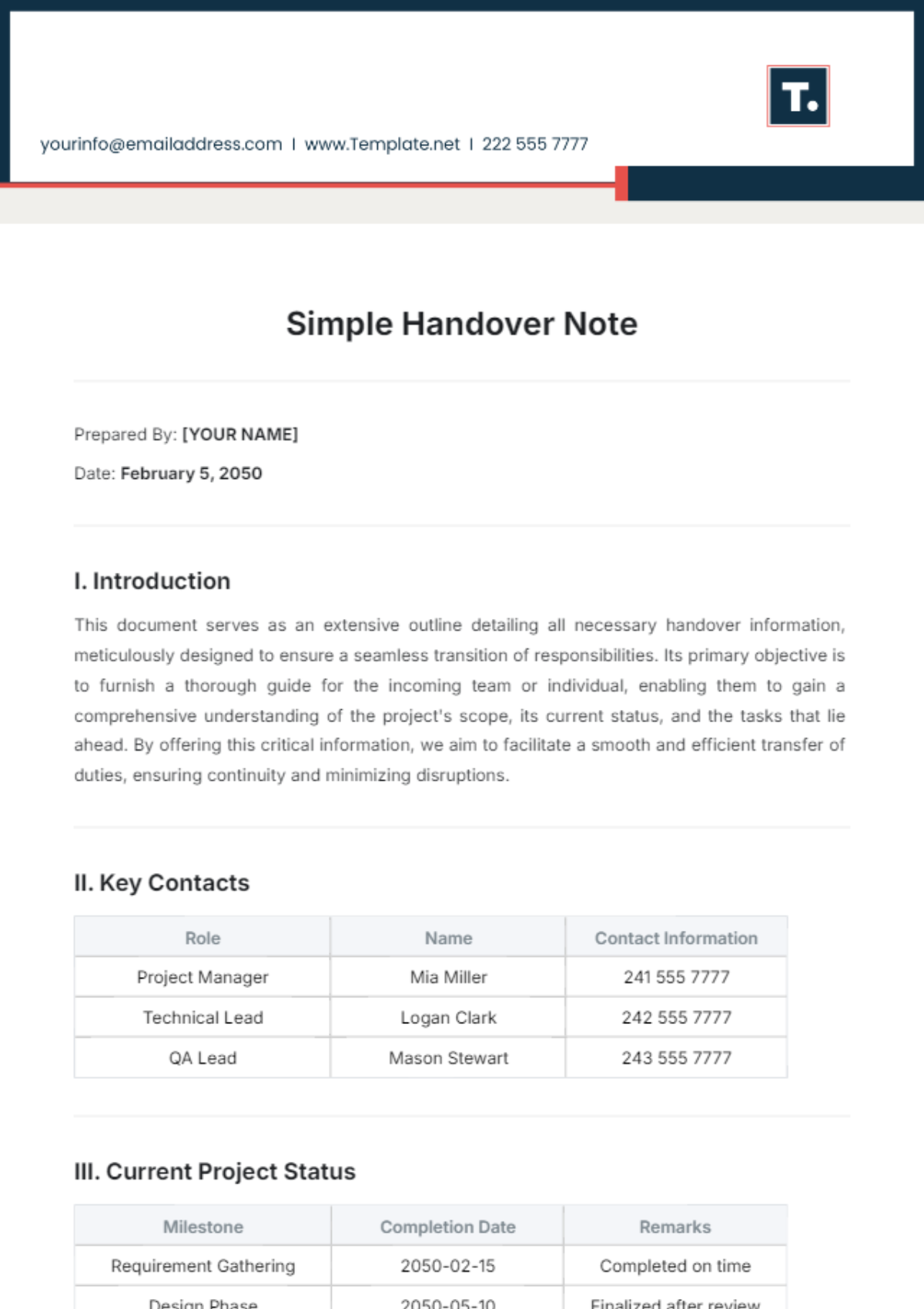 Simple Handover Note Template