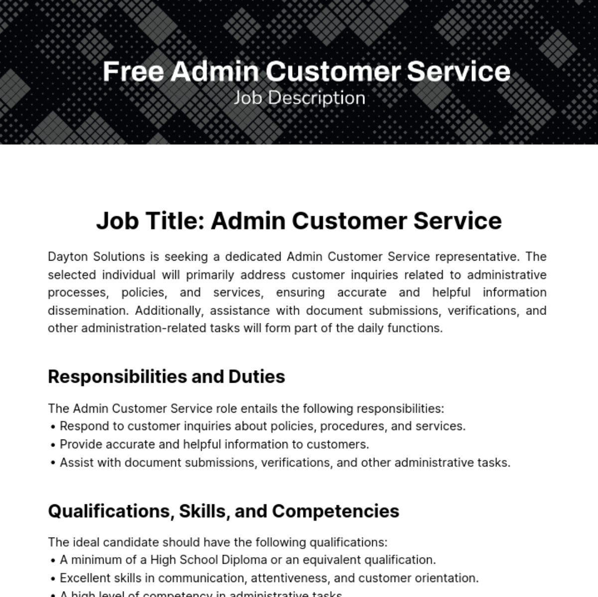 Admin Customer Service Job Description Template