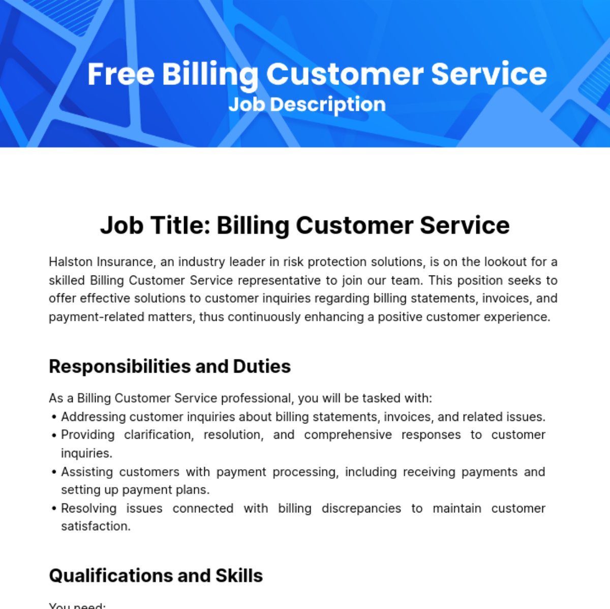 Billing Customer Service Job Description Template