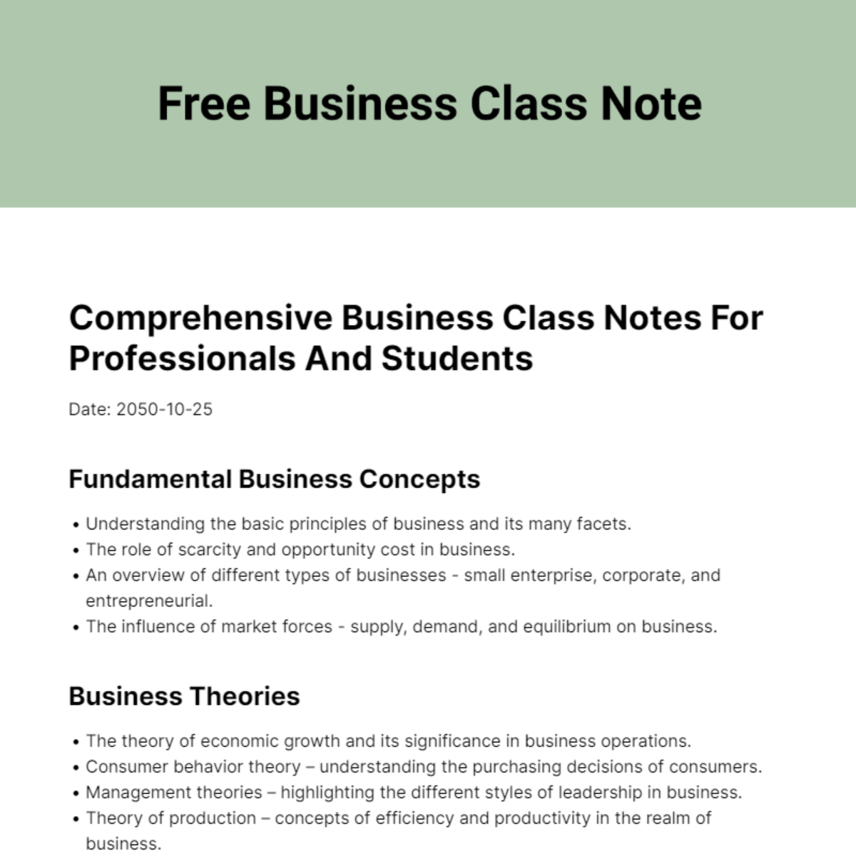 Business Class Note Template