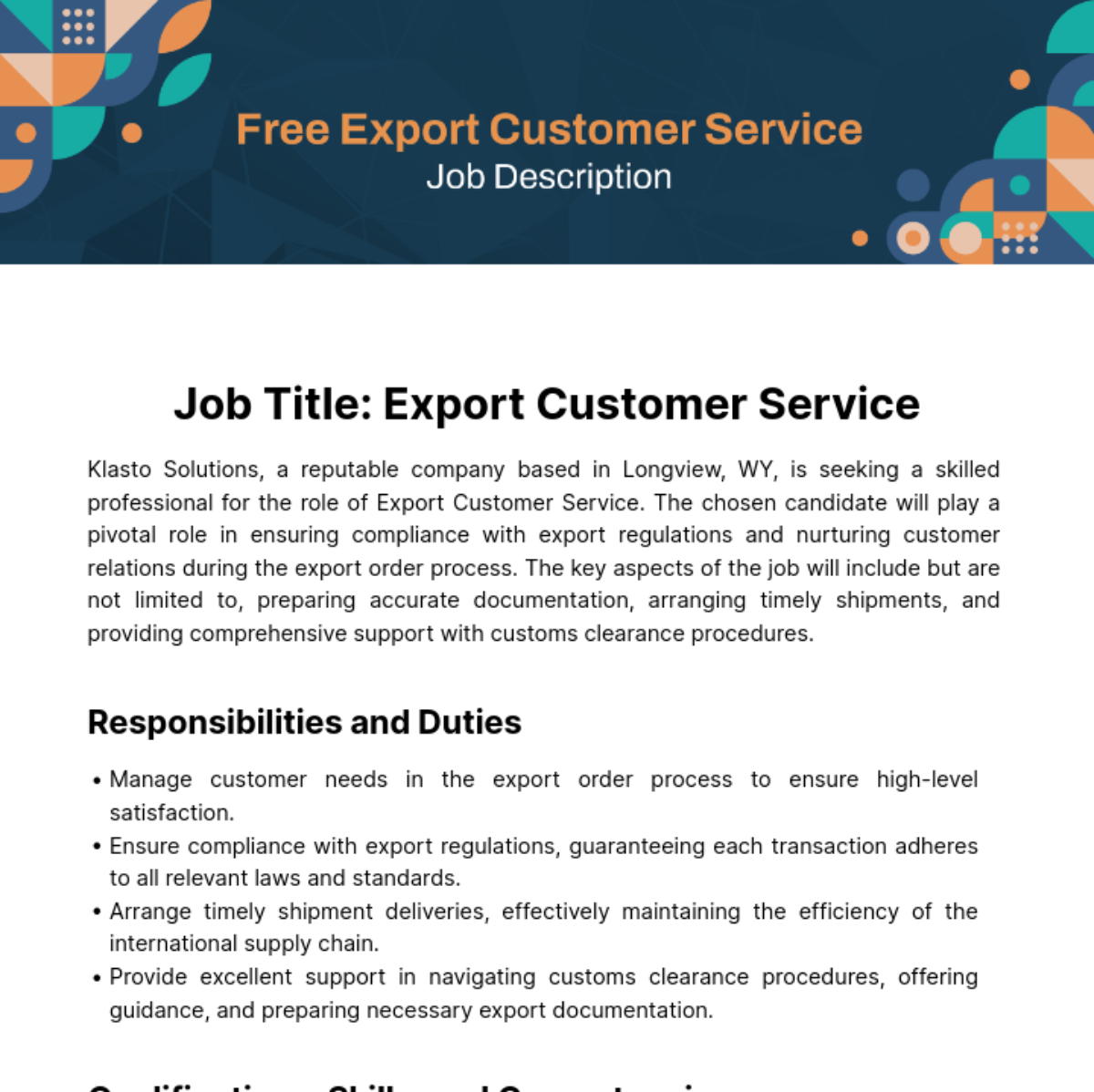 Export Customer Service Job Description Template