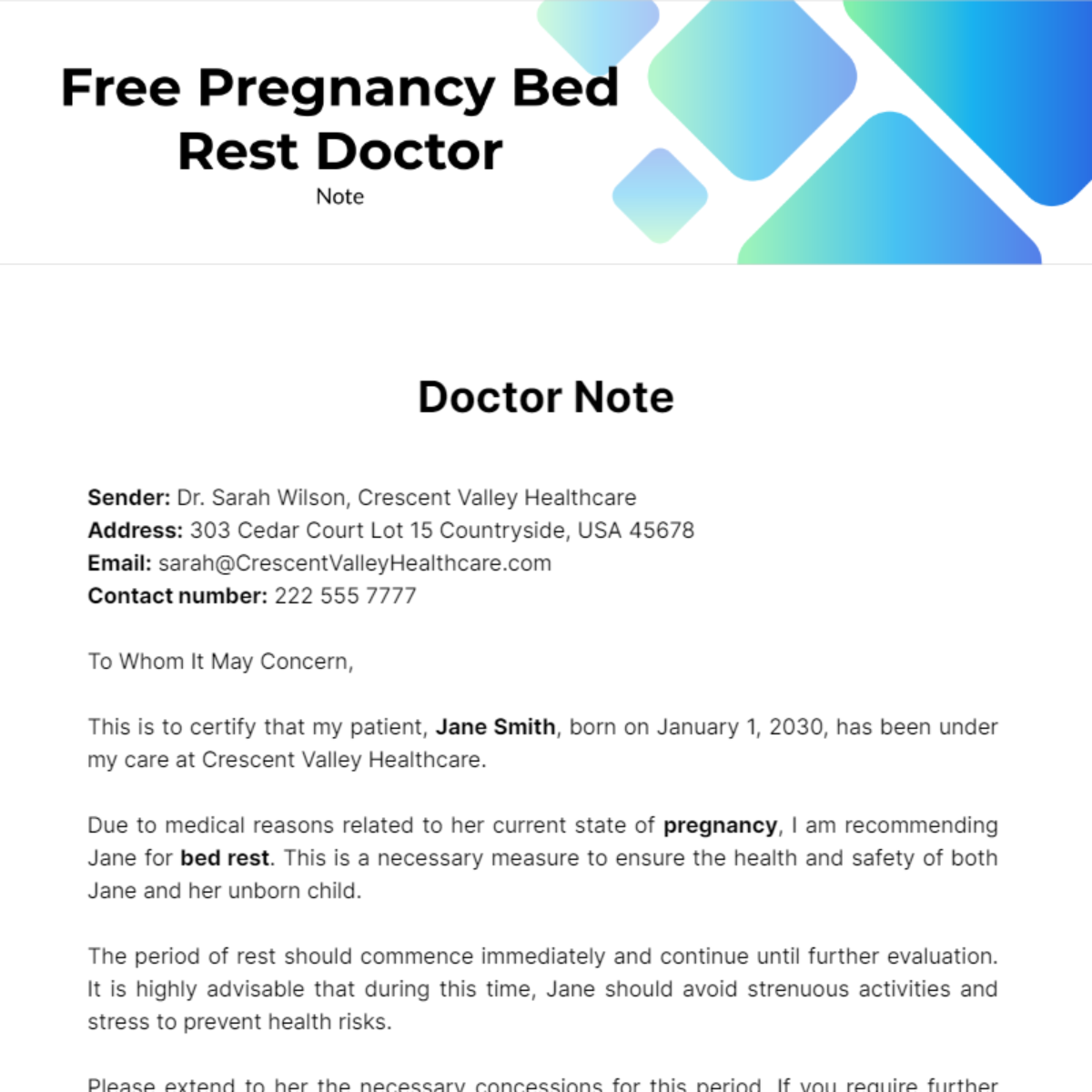 Pregnancy Bed Rest Doctor Note Template
